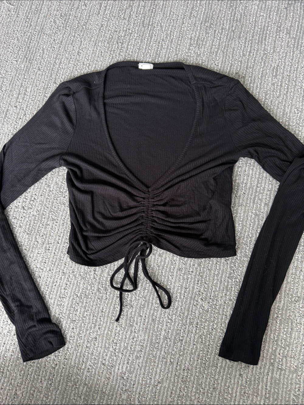 Garage Black Ruched Tie-Front Long Sleeve Crop Top
